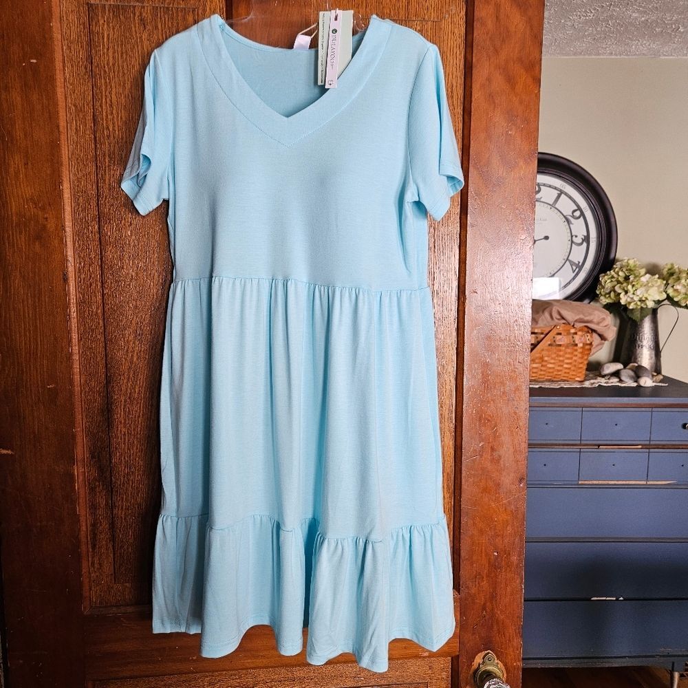 NWT Dulayoo Women's S  Blue Sundress Tiered Casual Sundress Organic Cotton VNeck
